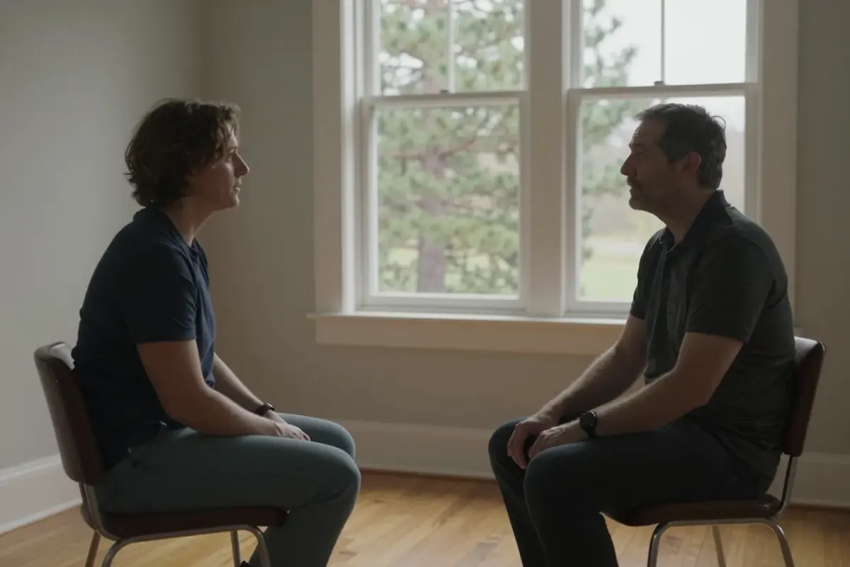 Two people sitting facing each other in a coaching conversation beside a window
