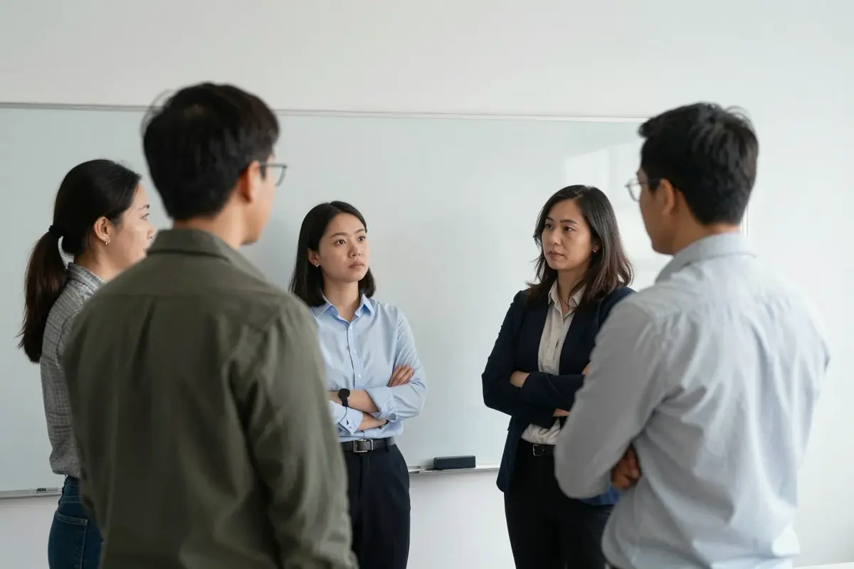 Four colleagues in discussion around a whiteboard, one observing