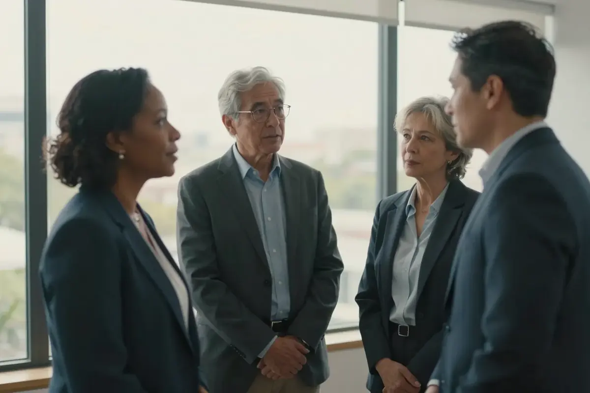 Three senior leaders in conversation by a window in a modern workplace