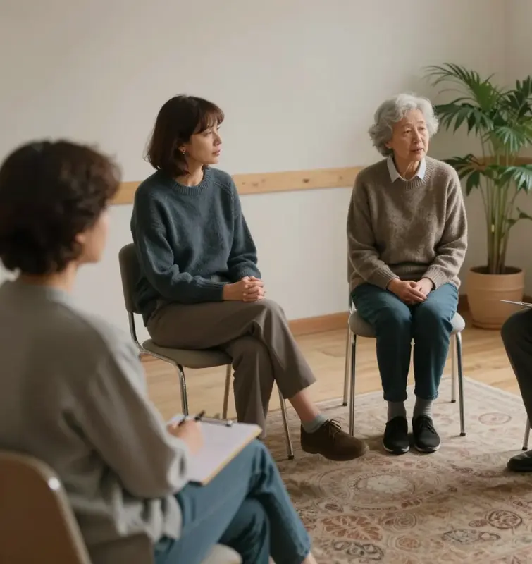 A small supervision group of therapists sitting in a close circle